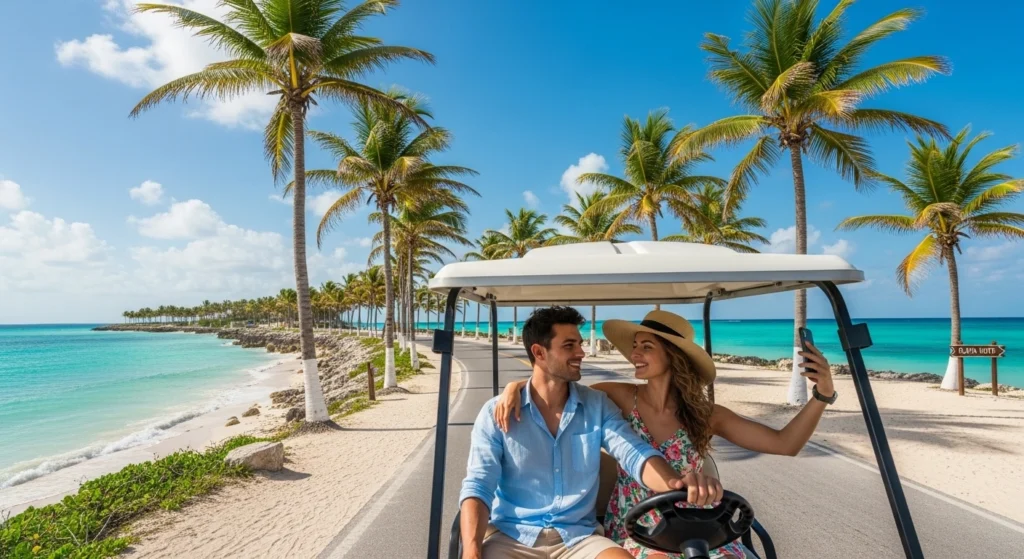 A couple riding a golf cart along a scenic coastal road on Isla Mujeres with turquoise water, palm trees, and a sunny tropical setting.