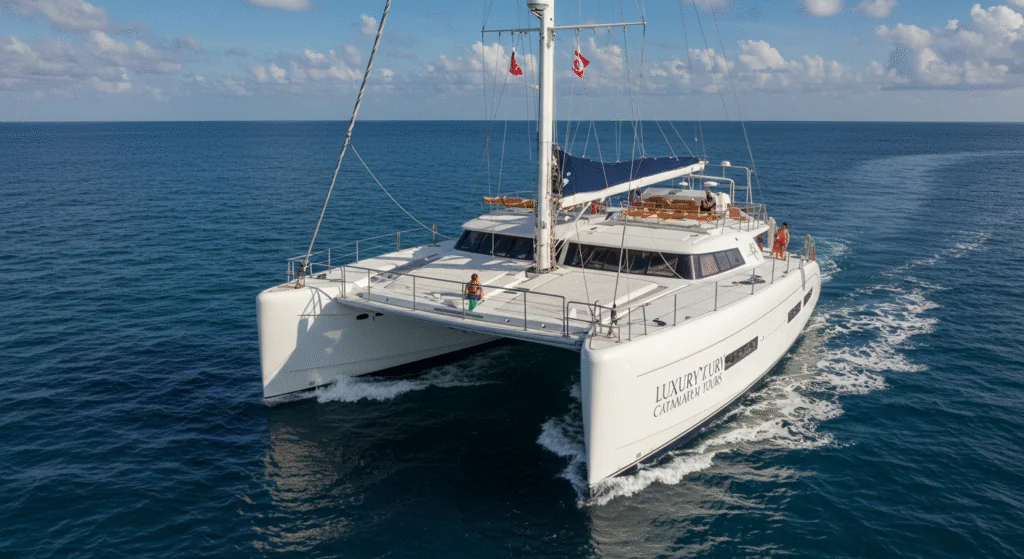 Couple relaxing on a luxury catamaran sailing over turquoise waters.