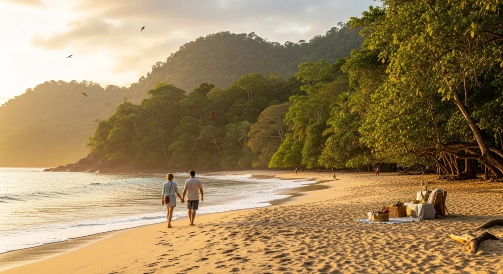 Couple walking on Manuel Antonio beach with rainforest and wildlife, Costa Rica.