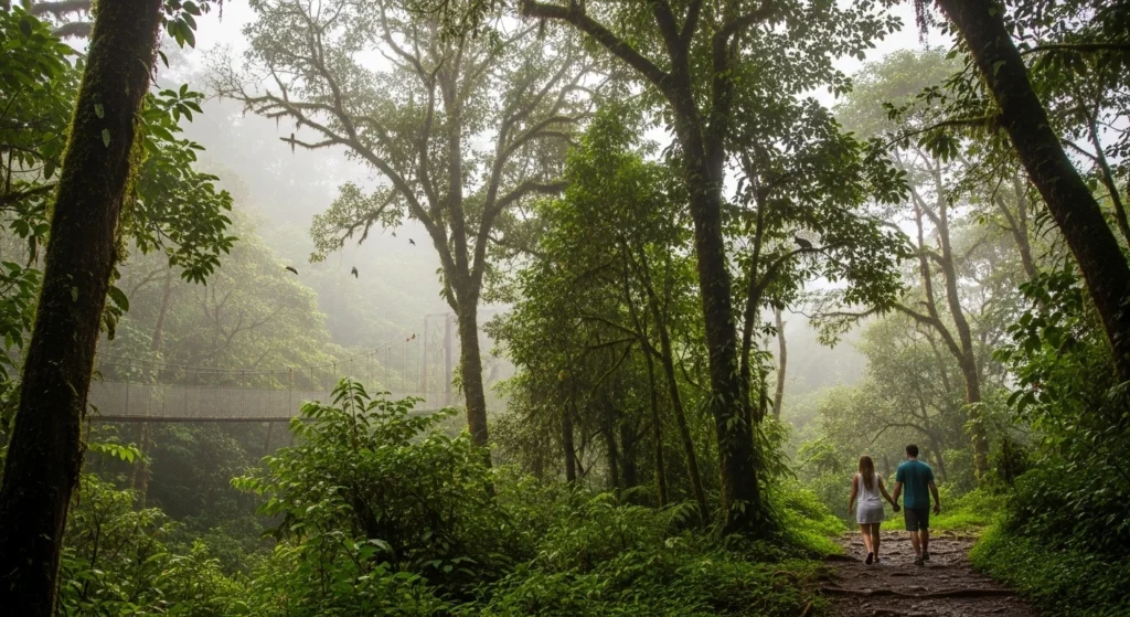 Couple walking hand in hand along a misty trail in Monteverde Cloud Forest Costa Rica surrounded by lush greenery and tall trees.