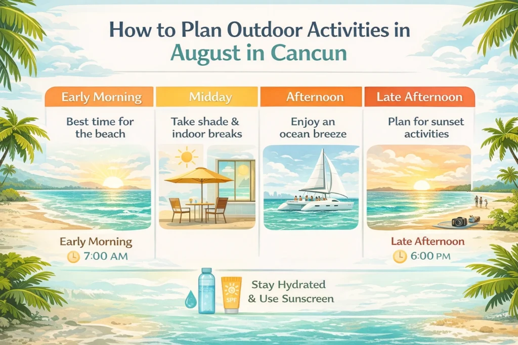 Infographic showing the best times and tips for outdoor activities in Cancun in August.