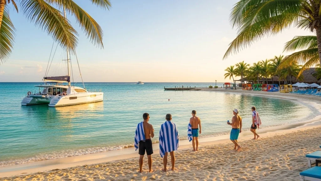 Catamaran anchored near Playa Norte in Isla Mujeres with travelers relaxing on the beach at sunset.