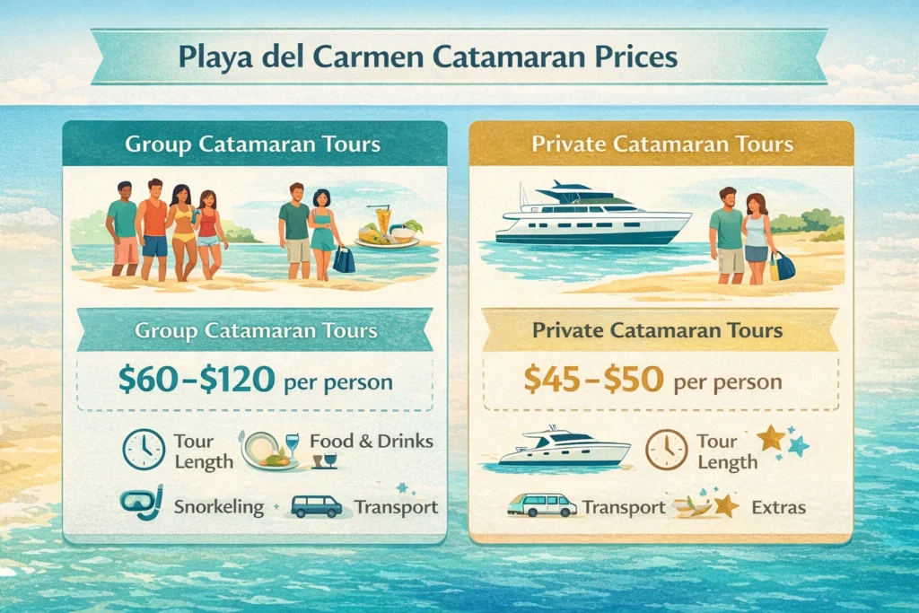 Infographic showing Playa del Carmen catamaran prices, comparing group tour costs per person and private catamaran pricing with included services and extra fees.