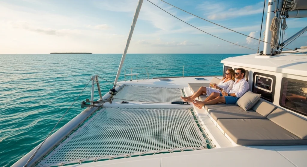 Couple relaxing on a spacious catamaran in Cancun with turquoise water and peaceful romantic setting
