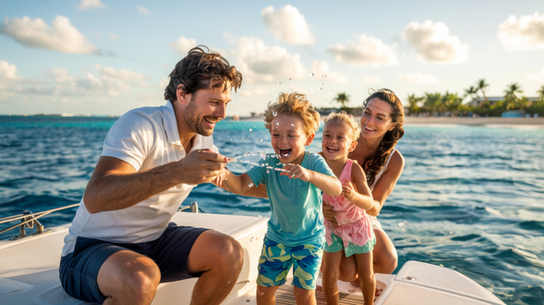 A family of four laughing on a catamaran in turquoise waters, enjoying their time in Cancun with kids.
