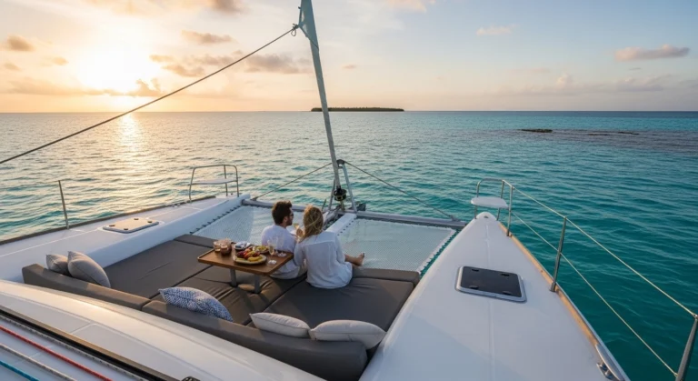 Couple enjoying a private romantic moment on a luxurious catamaran over turquoise Cancun waters at sunset, with champagne, a gourmet platter, and distant Isla Mujeres in the background.