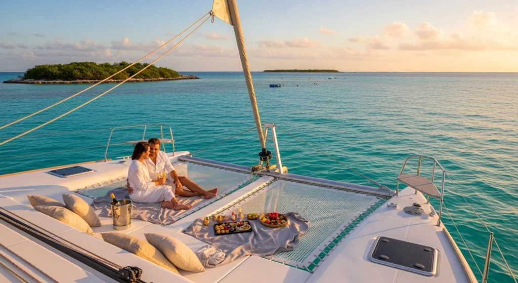 Couple on a Cancun catamaran at sunset with champagne and snacks.
