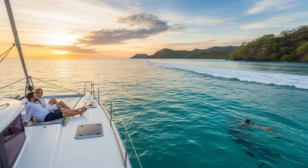 Couple relaxing on a catamaran at sunset in Costa Rica with ocean views and golden sky.