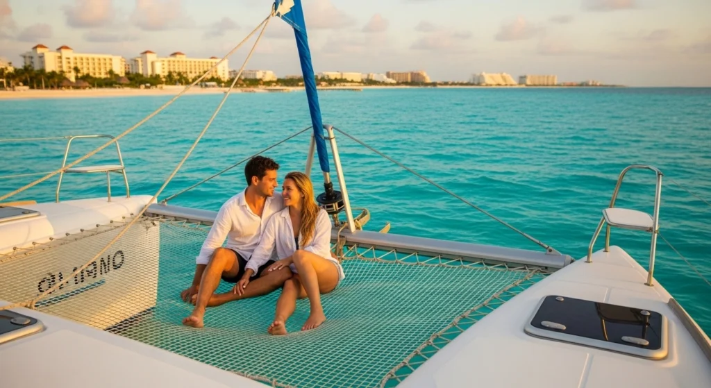 Couple relaxing on a luxury catamaran in Cancun at sunset with turquoise Caribbean water