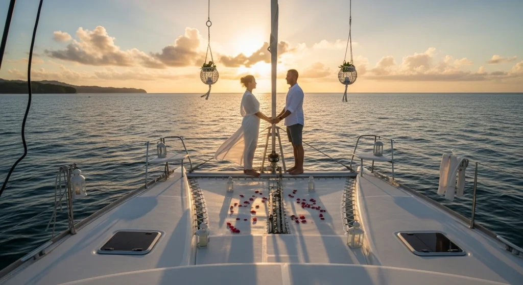 Couple on a decorated catamaran holding hands at sunset in Costa Rica, surrounded by calm ocean waters, string lights, and rose petals, creating a private and intimate proposal setting.
