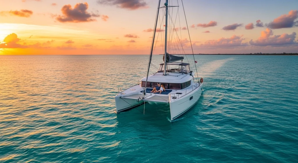 Couple relaxing on a catamaran during a colorful sunset over calm turquoise waters in Cancun, with golden and pink skies reflecting on the ocean