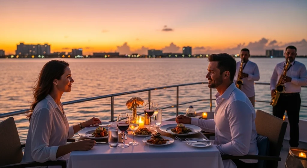 Couple enjoying a candlelit dinner on a sunset cruise in the Nichupté Lagoon, with live saxophone music and glowing orange skies over Cancun.
