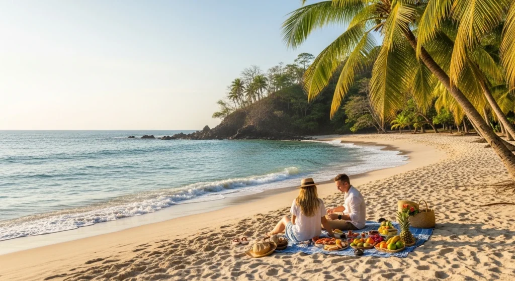 Romantic picnic on a secluded Costa Rica beach for couples.