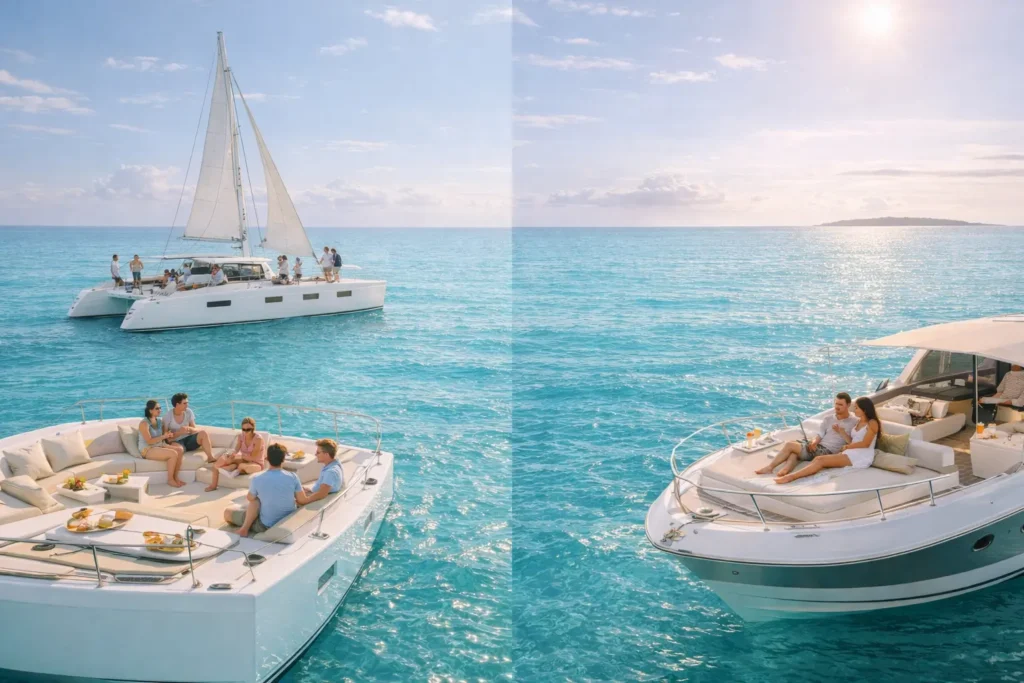 Two catamarans on calm turquoise Cancun waters showing shared catamaran with multiple couples and private catamaran with one couple enjoying privacy
