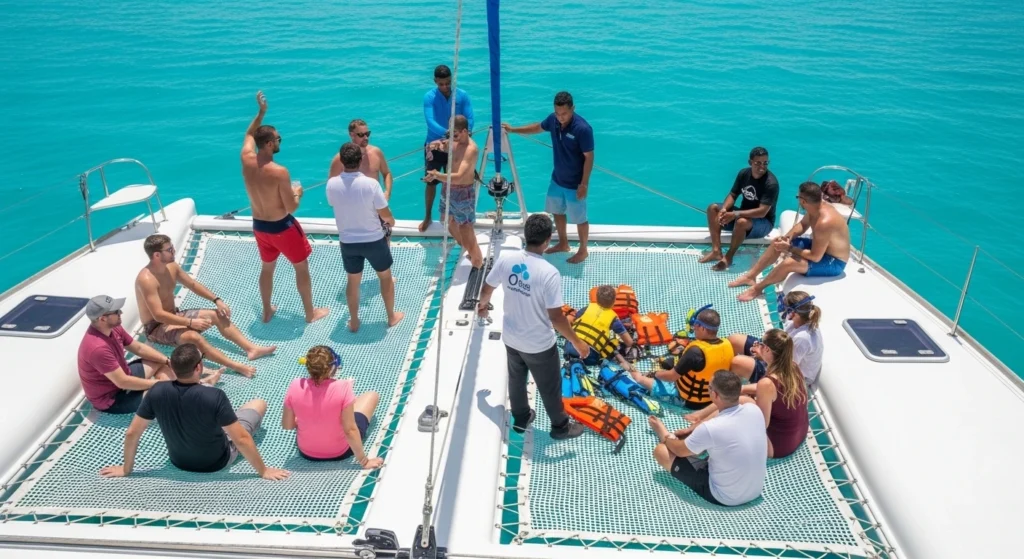 Shared Cancun catamaran tour with travelers relaxing, snorkeling, and enjoying a social cruise to Isla Mujeres.
