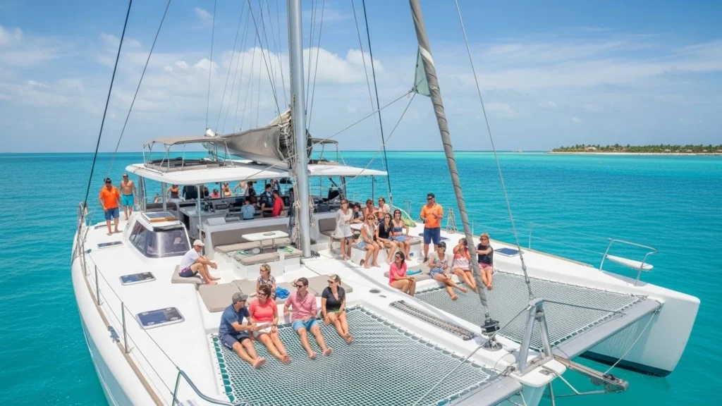 Shared catamaran tour in Cancun with travelers enjoying a social cruise on the Caribbean Sea