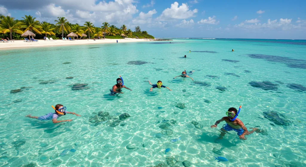 Snorkelers enjoying clear waters and vibrant marine life at a tropical beach.
