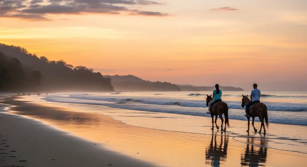 Couple riding horses along a Costa Rica beach at sunset with warm orange and pink skies.