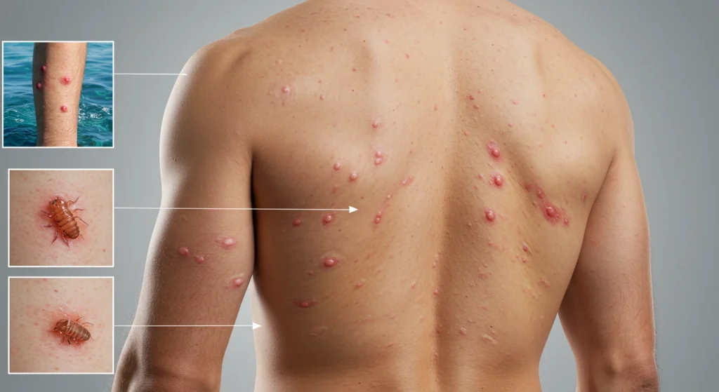 Symptoms of sea lice on man body  