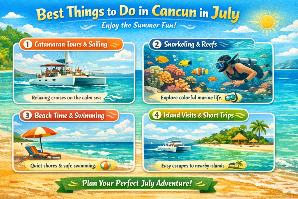 Infographic showing best things to do in Cancun in July, including catamaran tours, snorkeling, beach time, and island excursions.