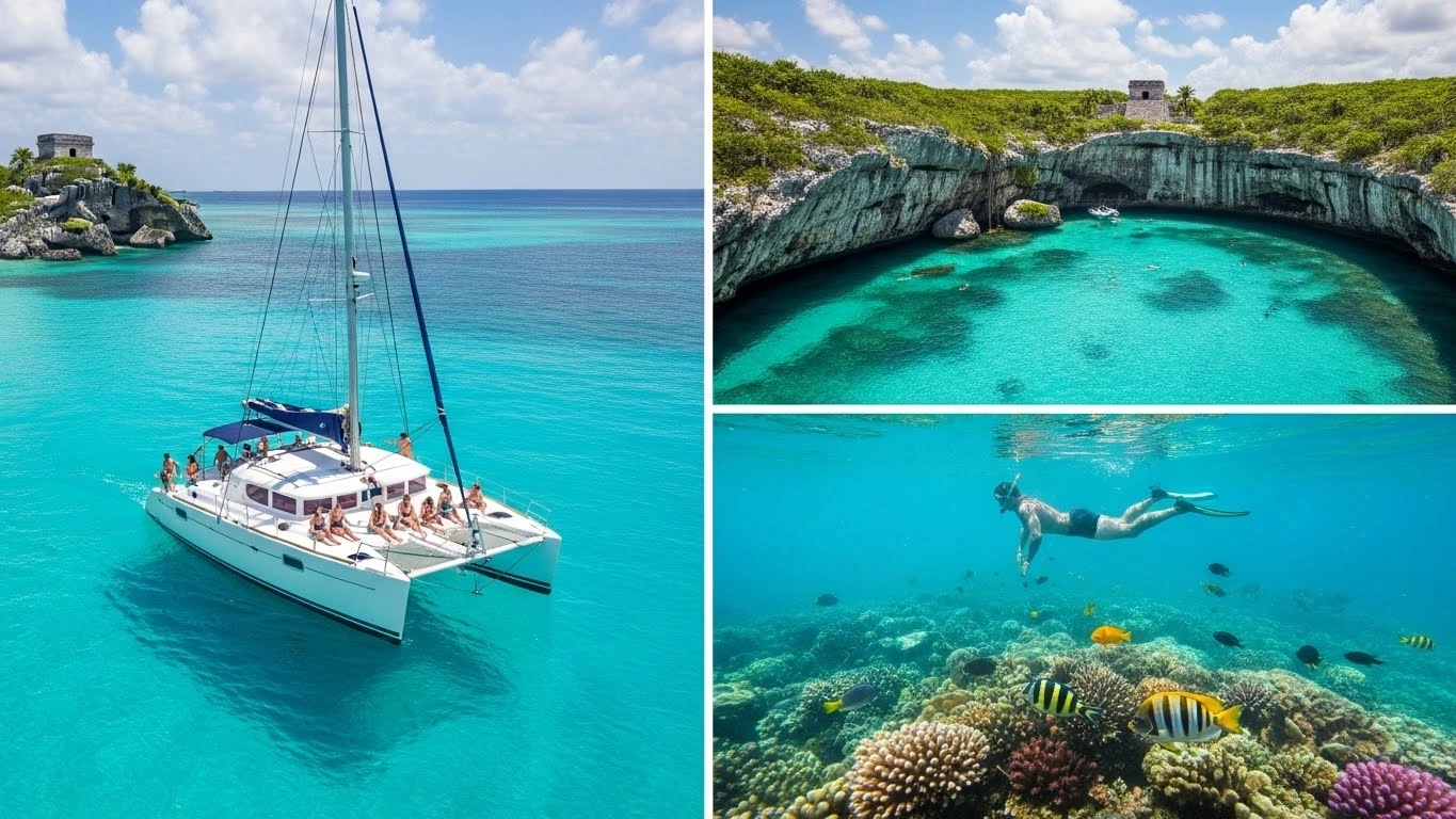 Travelers enjoying a catamaran, snorkeling over coral reefs, and a cenote in Cancun, showcasing the top activities to do in Cancun.
