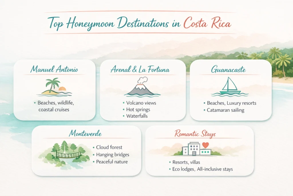 Showing top honeymoon destinations in Costa Rica including Manuel Antonio, Arenal, Guanacaste, Monteverde, and romantic stays with key highlights