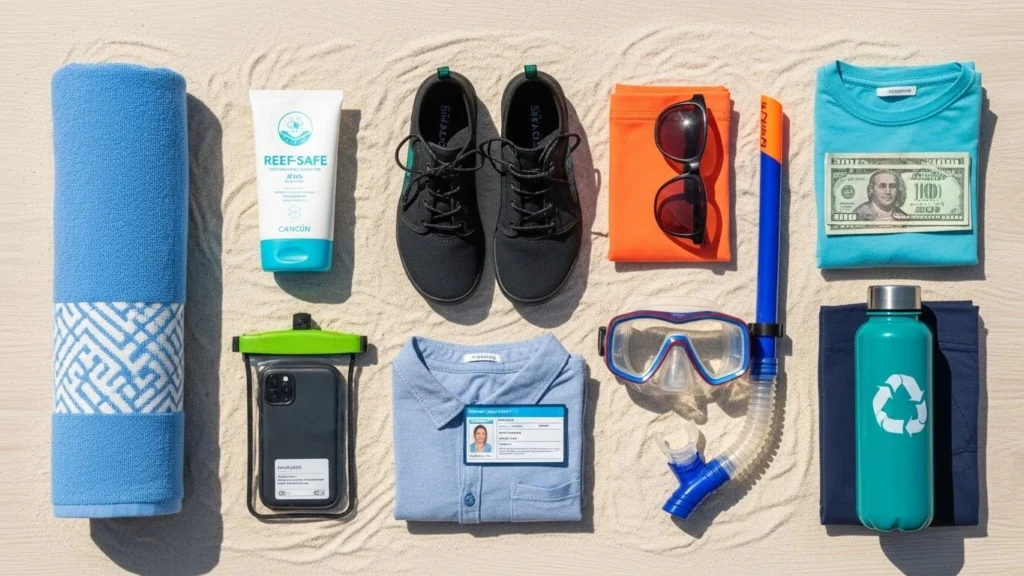 Flat lay of travel items needed for activities to do in Cancun such as towels, sunscreen, cash, and snorkeling equipment.