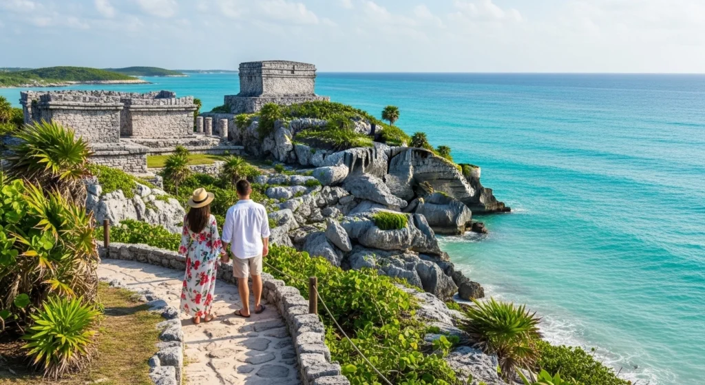 Couple walking hand in hand through the cliffside ruins of Tulum Archaeological Zone overlooking the turquoise Caribbean Sea near Tulum.