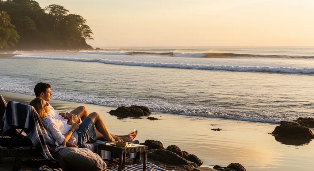Couple enjoying a quiet sunset on a Costa Rica beach, experiencing the best place to stay in Costa Rica for couples with ocean and jungle views.