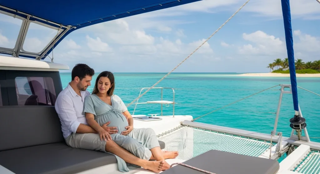 couple relaxing on a catamaran in Cancun enjoying peaceful ocean views during babymoon activities in Cancun