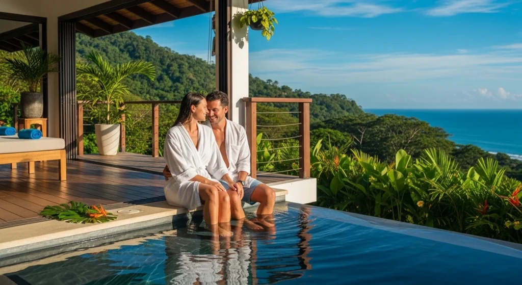 Romantic couple relaxing by a private infinity pool at a luxury Airbnb oceanview villa in Costa Rica during sunset, surrounded by tropical greenery and coastal views, ideal for couples getaway and private stay experience.