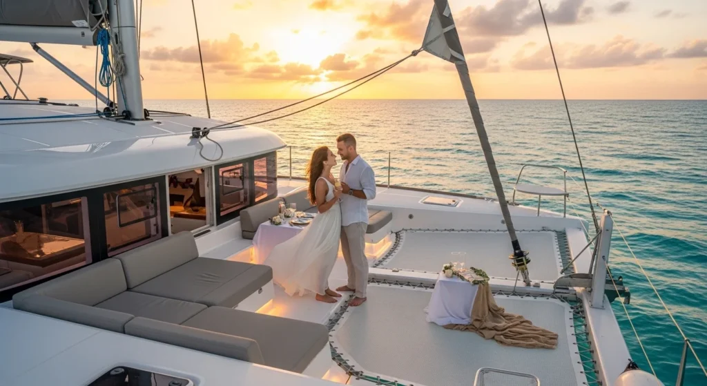 Couple enjoying a romantic sunset celebration on the best anniversary catamaran in Cancun with calm turquoise ocean views