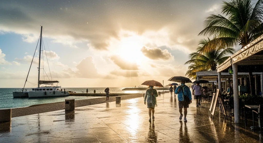 Light rain shower in Cancun with sunshine and catamaran nearby
