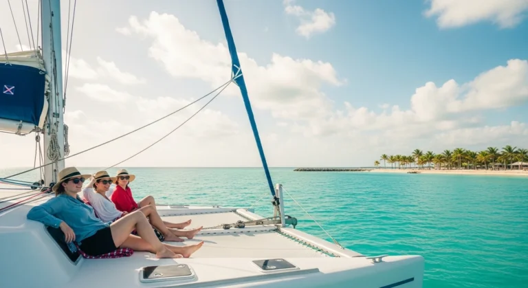 Catamaran sailing on calm turquoise water in Cancun during a sunny July day with light clouds and ocean breeze