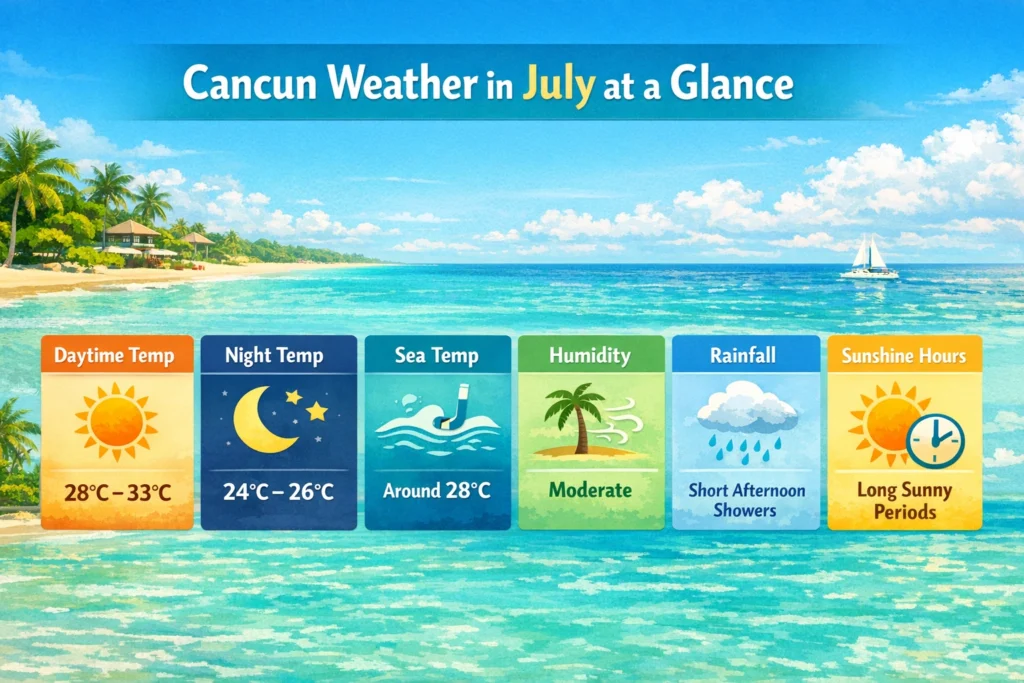 Creative infographic showing Cancun weather in July with temperatures, sea conditions, rainfall, humidity, and sunshine hours in a tropical design.