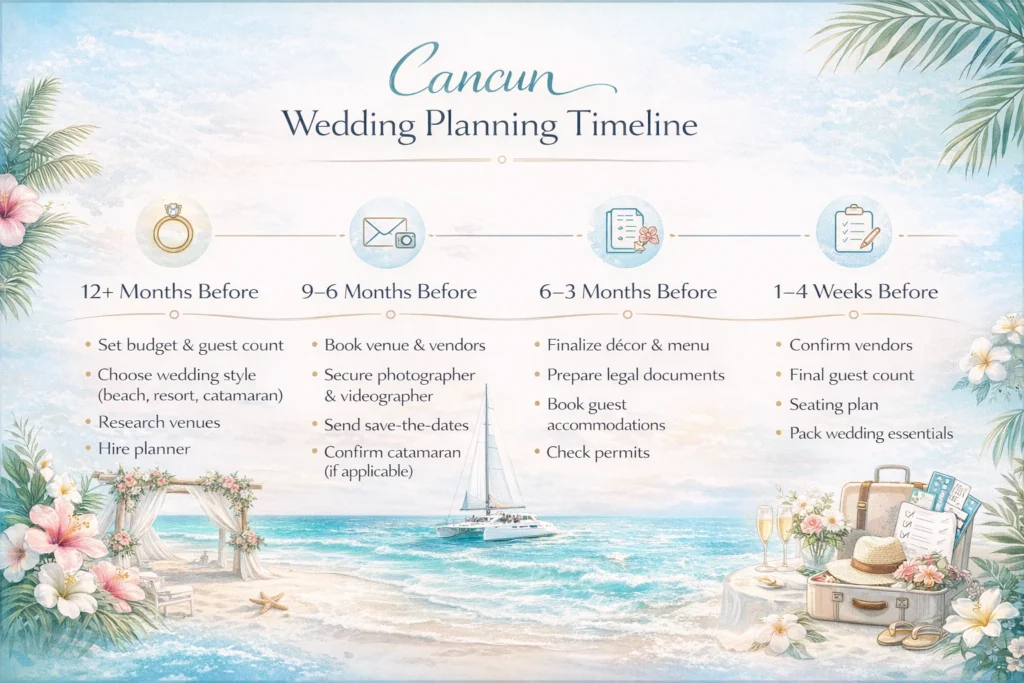 Creative tropical infographic titled "Cancun Wedding Planning Timeline" with watercolor beach scene, palm leaves, catamaran, and milestone icons.
