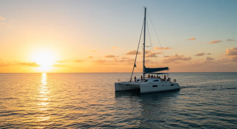 Snorkelers explore vibrant waters near a catamaran during Cancun snorkeling.