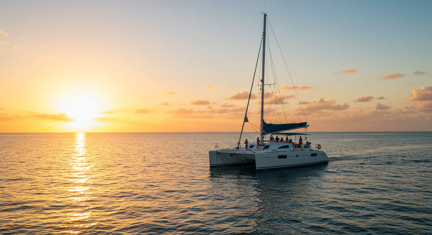 Snorkelers explore vibrant waters near a catamaran during Cancun snorkeling.