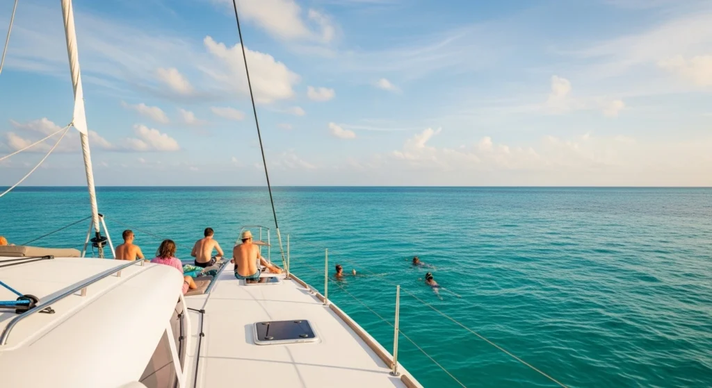 Catamaran sailing near Isla Mujeres in October with calm turquoise water and relaxed travelers.