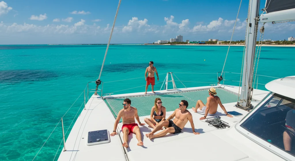 Happy travelers enjoying a catamaran tour on turquoise Caribbean waters near Cancun.