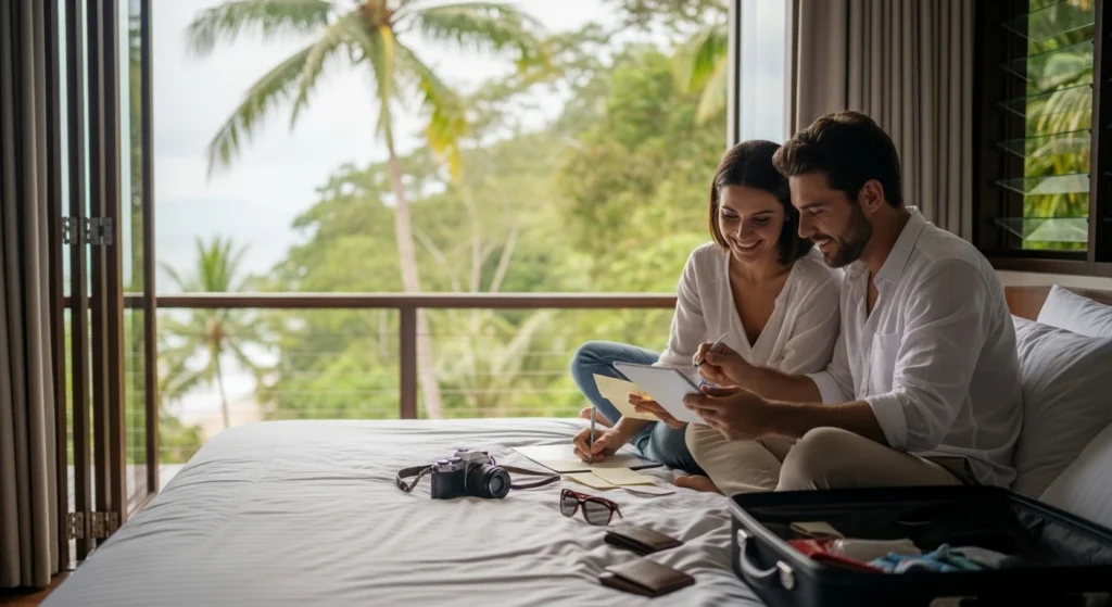 Couple planning their Costa Rica honeymoon budget in a tropical resort room with travel items and ocean view