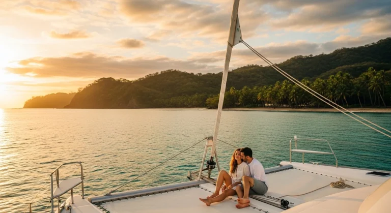 Couple enjoying a romantic sunset catamaran cruise on calm turquoise waters in Costa Rica with tropical coastline in the background