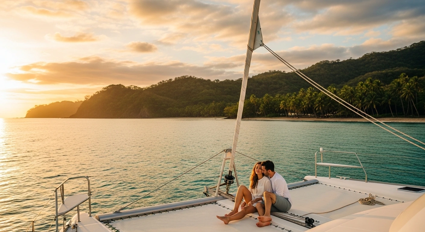 Couple enjoying a romantic sunset catamaran cruise on calm turquoise waters in Costa Rica with tropical coastline in the background
