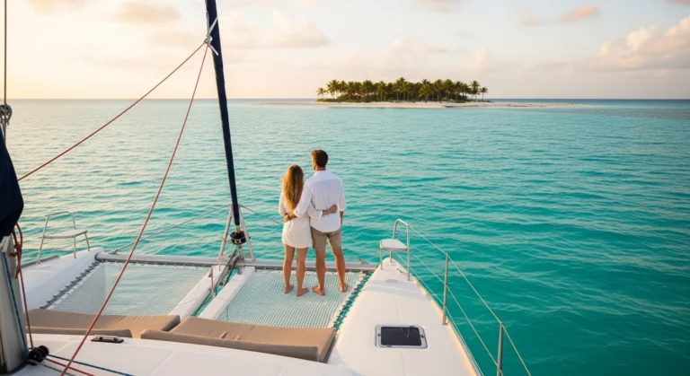 Couple from behind on a private catamaran sailing in turquoise waters near Cancun and Isla Mujeres at sunset.