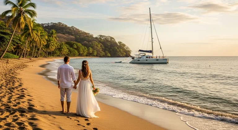 Couple standing together on a tropical Costa Rica beach in wedding attire, holding hands at sunset with a catamaran sailing in the background, showcasing romantic destination wedding options on beach and water.
