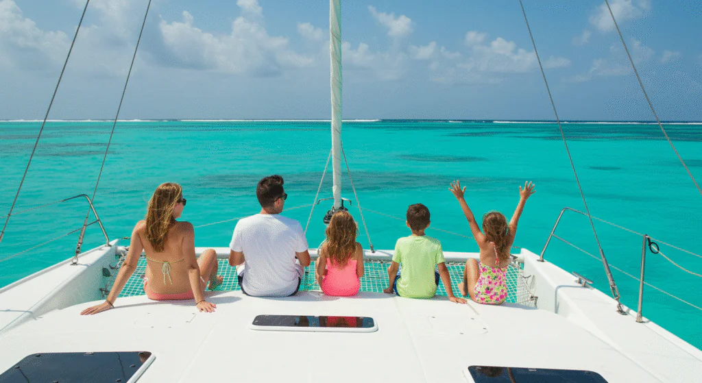 a family with kids enjoying on a catamaran in cancun