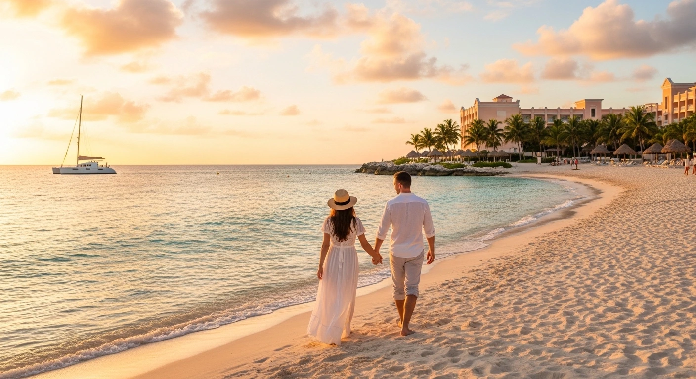 Couple walking hand in hand on a Cancun beach at sunset, viewed from behind, with turquoise water, palm trees, and a distant catamaran.