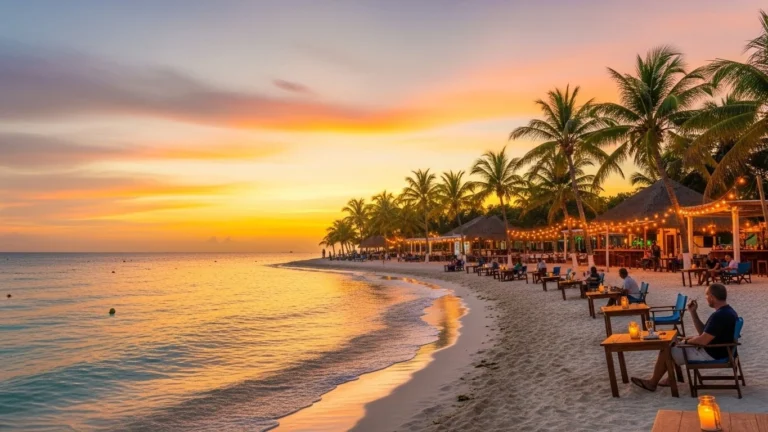 Sunset beach bars on Isla Mujeres with palm trees, soft golden light, outdoor tables on the sand and visitors enjoying a calm evening by the ocean.