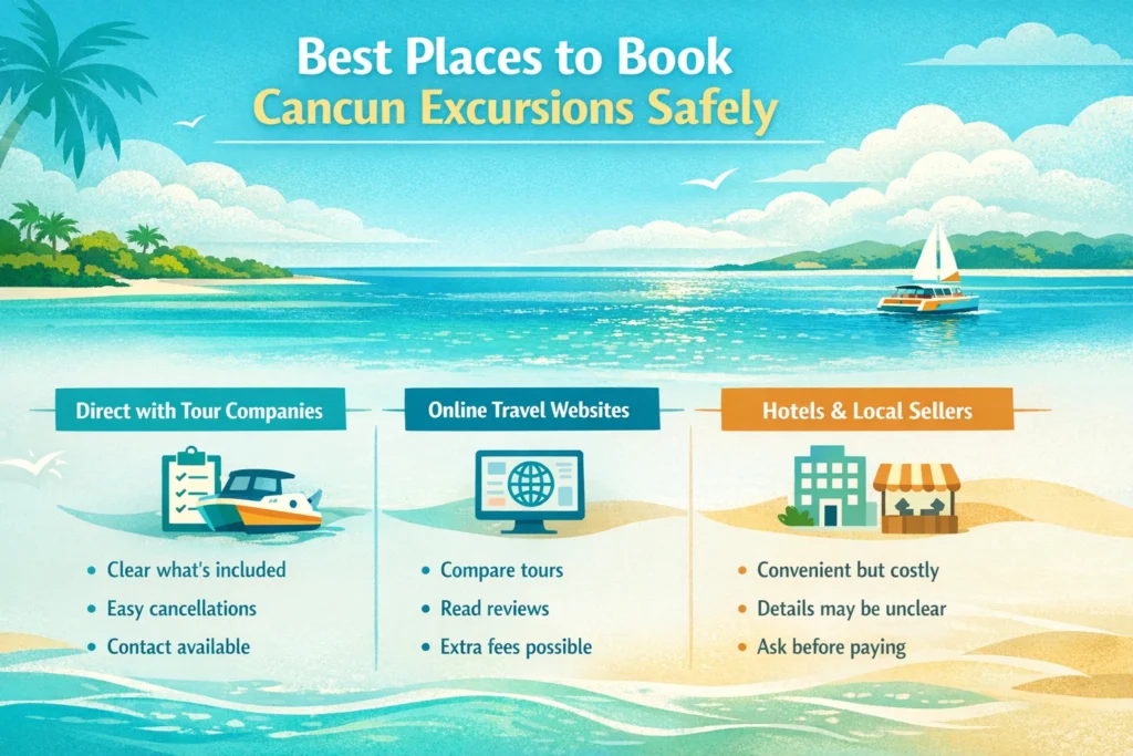 Infographic showing best places to book Cancun excursions: tour companies, online travel sites, and hotels/local sellers.