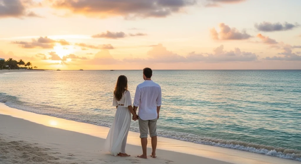 Romantic couple on a Cancun beach at sunset holding hands as they renew your wedding vows with turquoise sea and soft golden sky
